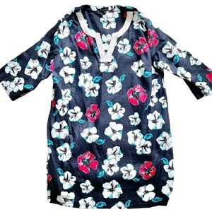TALBOTS 100% Linen Beaded Hibiscus Tunic Dress XXXL Tropical Floral Hawaiian